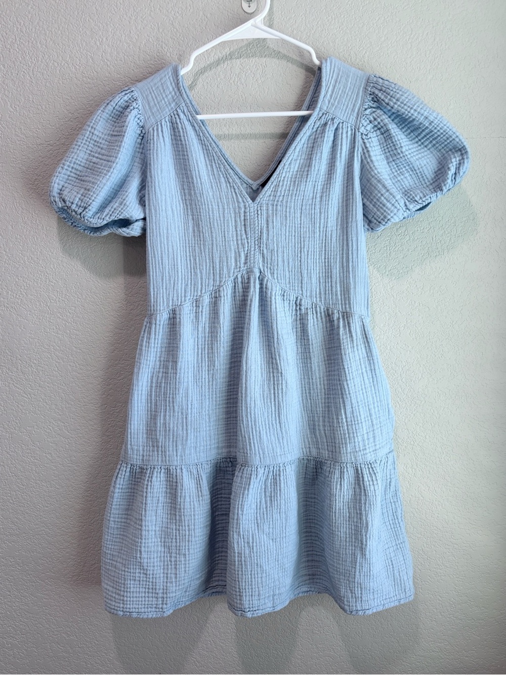 GAP Cotton Crinkle Gauze Puff Sleeve Tiered Mini Dress Light Blue Size Small